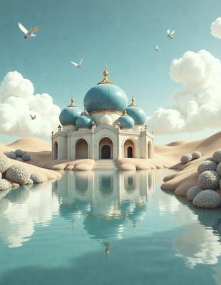 Primary subject: A large white building with blue domes, surrounded by a body of water.

Setting/background: The building is situated in a desert-like environment, with a sandy landscape and a cloudy sky.

Visual style: The image is a digital art or illustration, featuring a detailed and realistic representation of the building and its surroundings.

Colors and mood: The primary colors in the image are white and blue, with the white building and blue domes creating a sense of calm